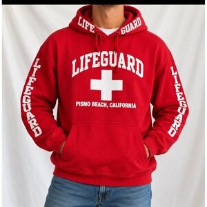 MJ Apparel Lifeguard Hoodie Unisex M/L Red Good Pismo Beach California Pullover
